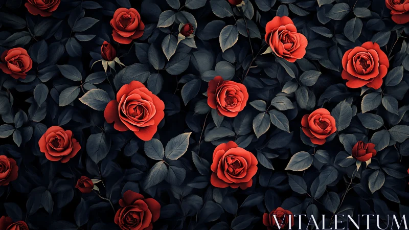 Red Roses Against Dark Foliage Garden Composition