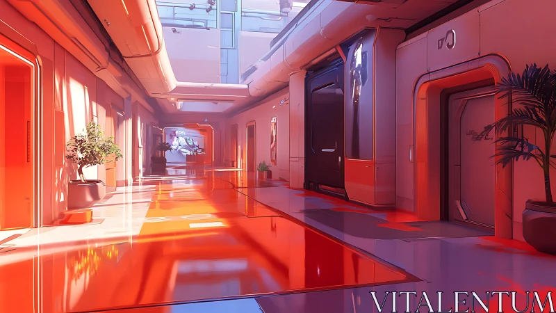 Sunlit futuristic corridor with doors and potted plants.