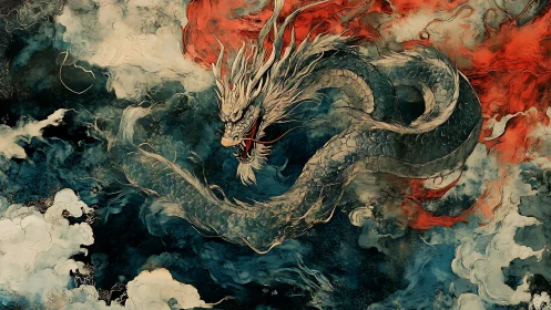 Stormborn Eastern dragon coils through fire and clouds.
