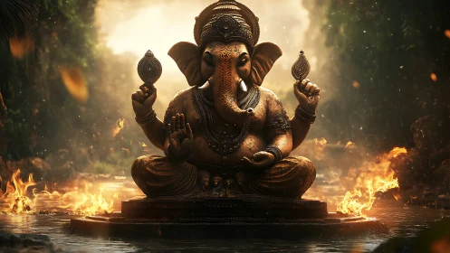 Bronze Ganesha statue amid river flames and jungle backlight