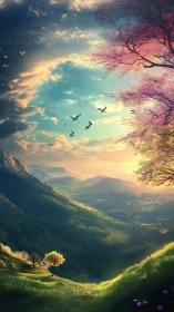 Gentle sunrise valley under blossoming pastel skies.