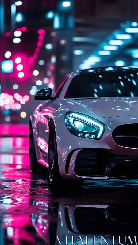 Cyberpunk coupe in neon drenched tunnel, low-angle framing.