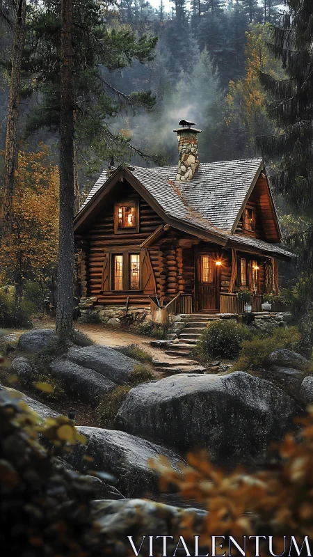 Wilderness Sanctuary: Glowing Log Cabin in Ancient Forest Haze