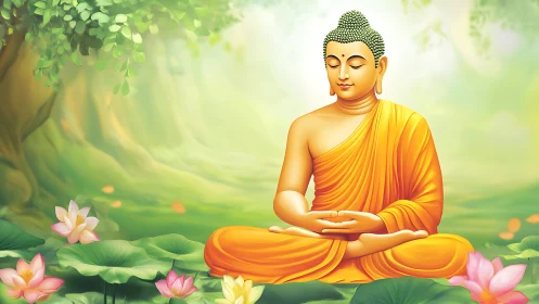 Serene Buddha meditation amid lotus garden lightscape.