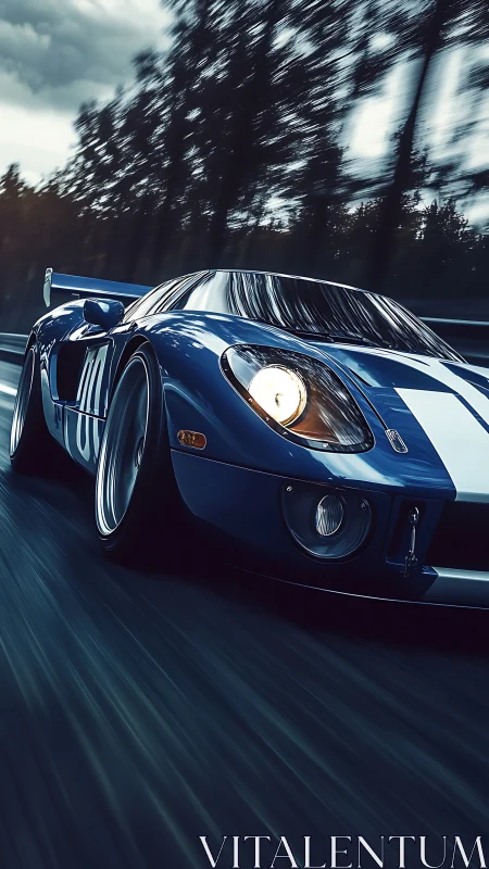 Photorealistic low-angle render of blue racing car in motion.