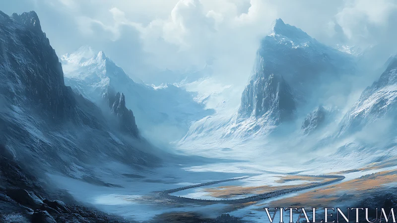 Snow-covered mountain valley with winding frozen river.