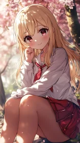 Smiling anime schoolgirl enjoys soft spring cherry blossoms