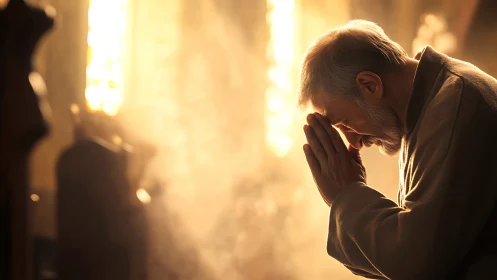 Older man praying alone in warm church light.