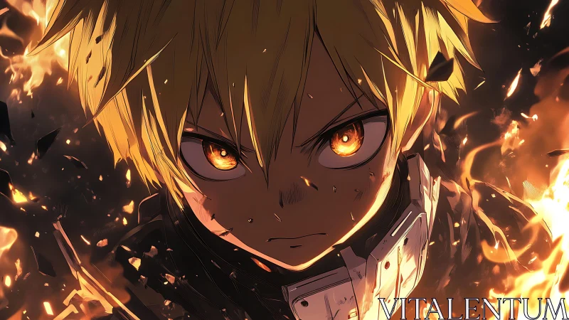 Intense anime combat portrait with dynamic fire particle effects