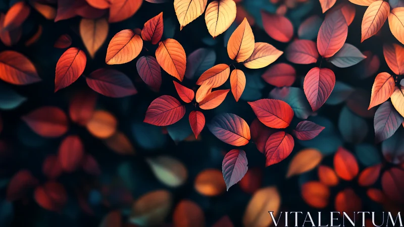 Glowing autumn leaves drift softly across a dark forest