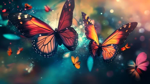 Chromatic butterfly swarm in luminous depth-of-field bokeh.