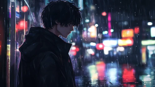 Solitary youth in neon rain, side-lit against urban nightscape.