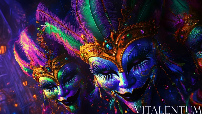 Neon carnival masks with jeweled crowns in night parade.