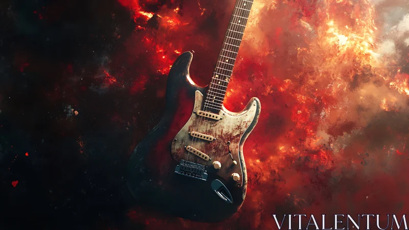 Worn electric guitar floats against blazing cosmic nebula