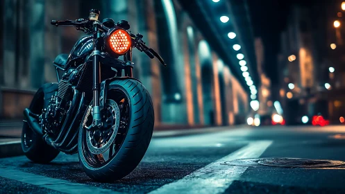 Midnight street racer idles under neon-soaked city arches.