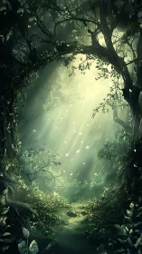 Enchanted Forest Passage with Sunlit Rays.
