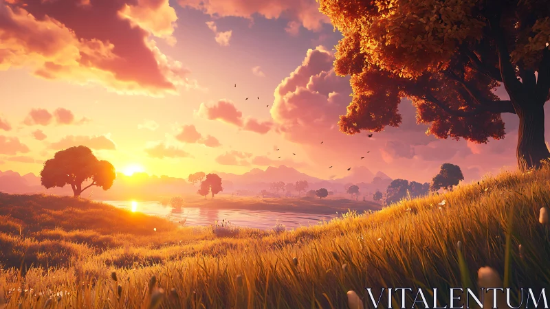 Golden sunset meadow opens into a peaceful riverside dream