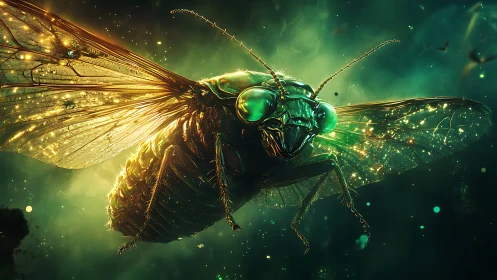Glowing emerald cicada hovers in a luminous cosmic haze
