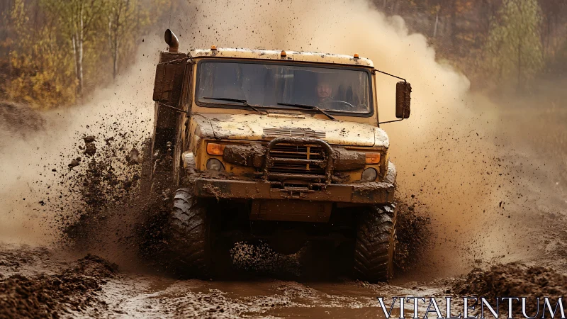 Mud-splattered off-road truck surging through rugged trail.