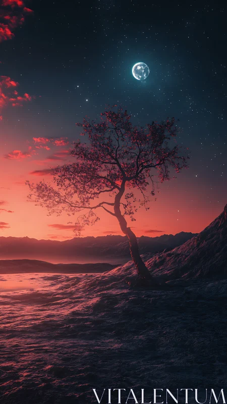 Lonely tree curves toward a glowing moon over crimson shore.