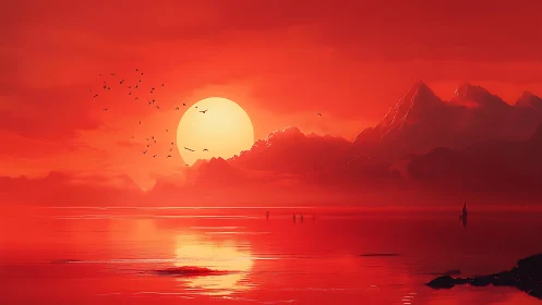 Crimson alien sunset over silent mountains and sea.