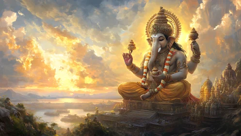 Divine elephant-headed deity above luminous temple cityscape.