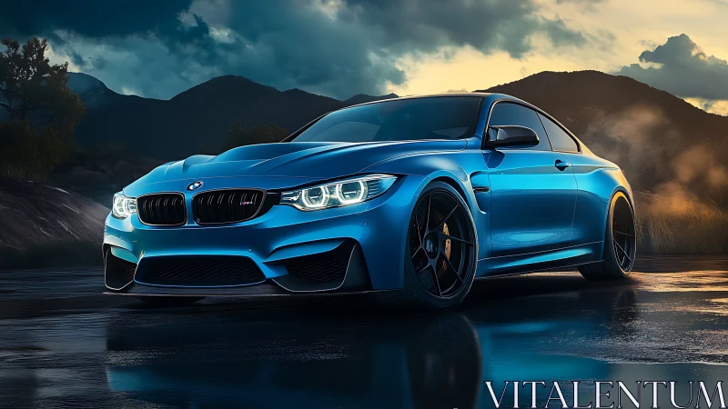 Gleaming blue sports coupe resting after a rain-soaked drive.