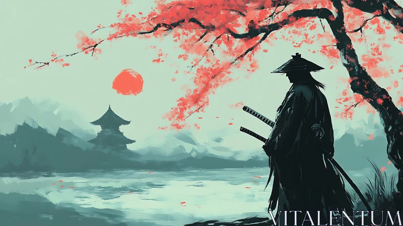 Samurai under crimson blossoms facing distant temple