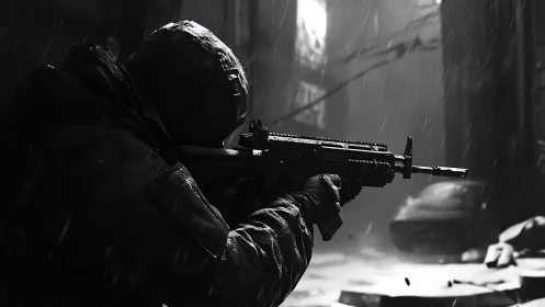 Hooded soldier aiming rifle in rainy urban ruins.