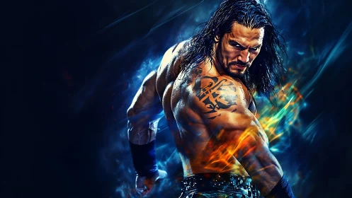 Tattooed storm warrior coils power in blazing neon smoke