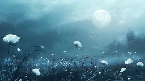 Moonlit misty meadow with drifting white blossoms at dusk.