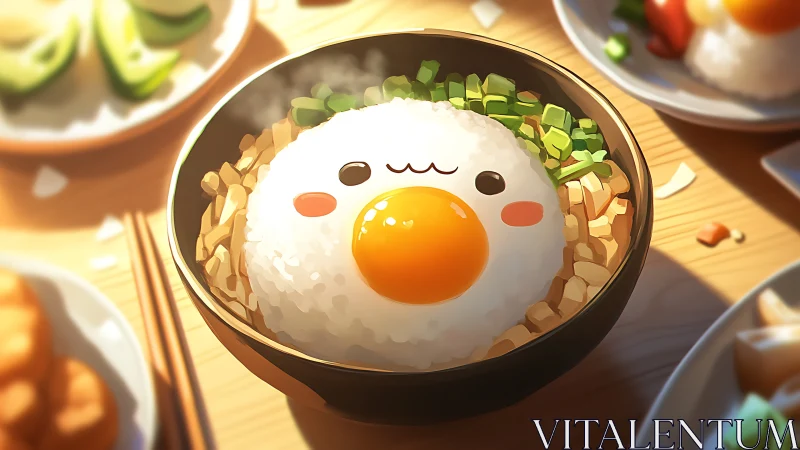 Stylized egg-topped rice bowl rendered with soft directional lighting