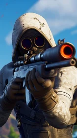 Hooded sniper character levels rifle in vivid game world.