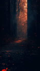 Forest corridor bathed in amber firelight with embers descending.
