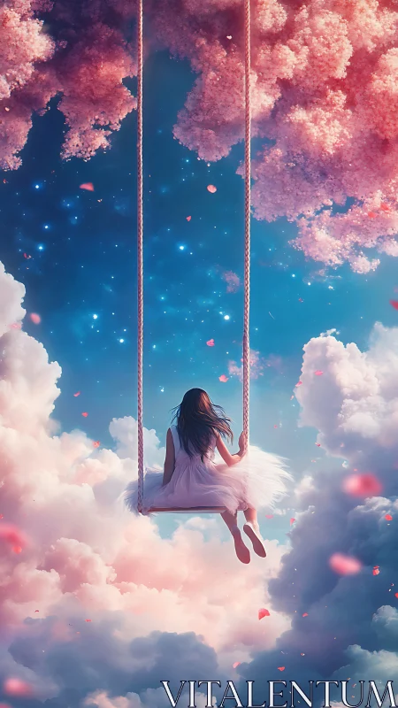 Girl on a celestial swing drifts through glowing dream clouds
