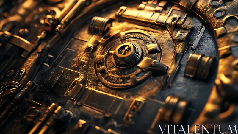 Gilded mechanical vault core glows with cinematic tension