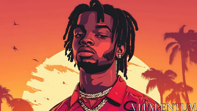 Stylized portrait of man at sunset with palm trees.