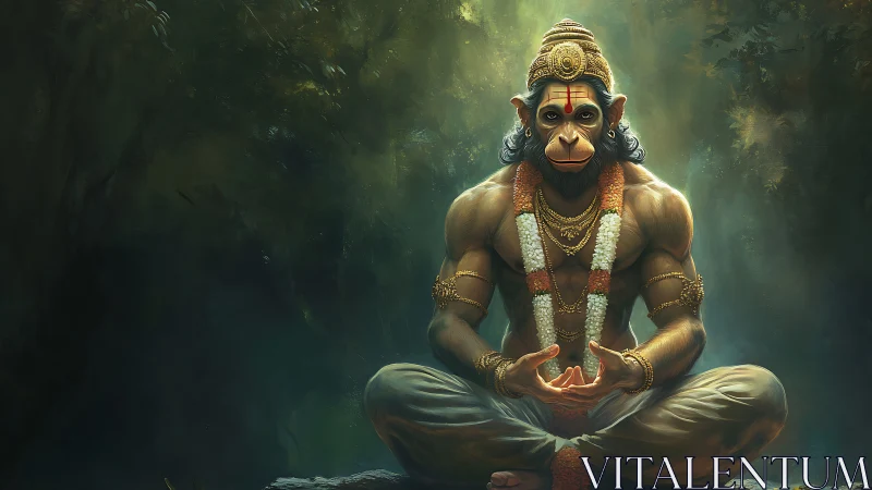 Serene monkey deity rests in golden light and quiet devotion