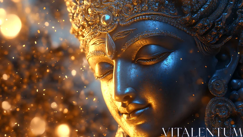 Bimodal luminous deity sculpture under cinematic bokeh field.