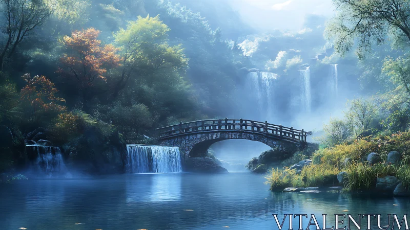 Stone bridge over misty waterfalls in forest landscape.
