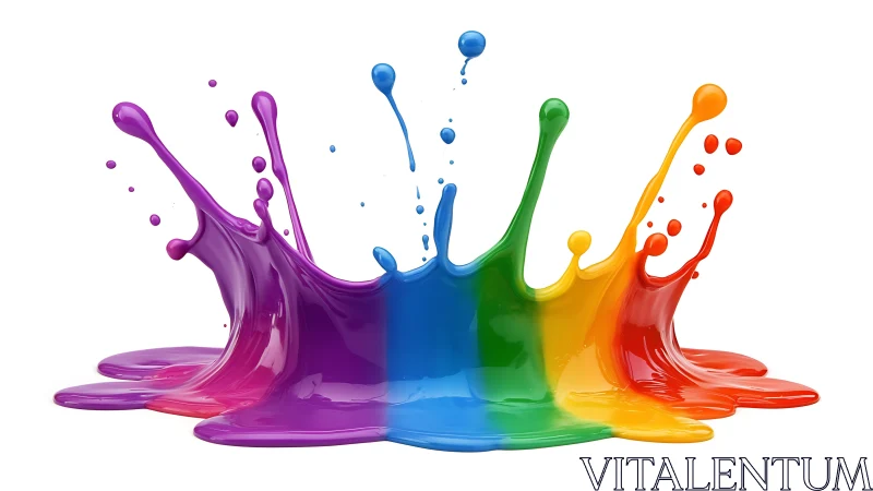 Vibrant rainbow paint splashes arc across glossy white surface