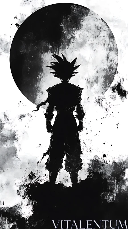 Backlit warrior silhouette before lunar ink wash disc.