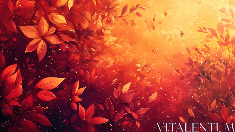 Glowing autumn leaves swirl through a warm, dreamy light
