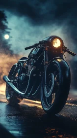 Midnight café racer hums softly beneath a stormlit moon