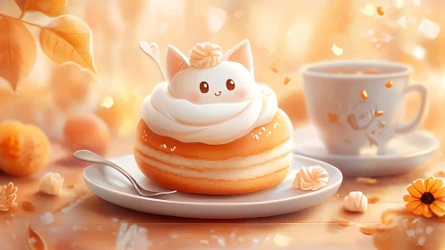 Whimsical Cat-Topped Pastry: 3D Rendered Culinary Character.