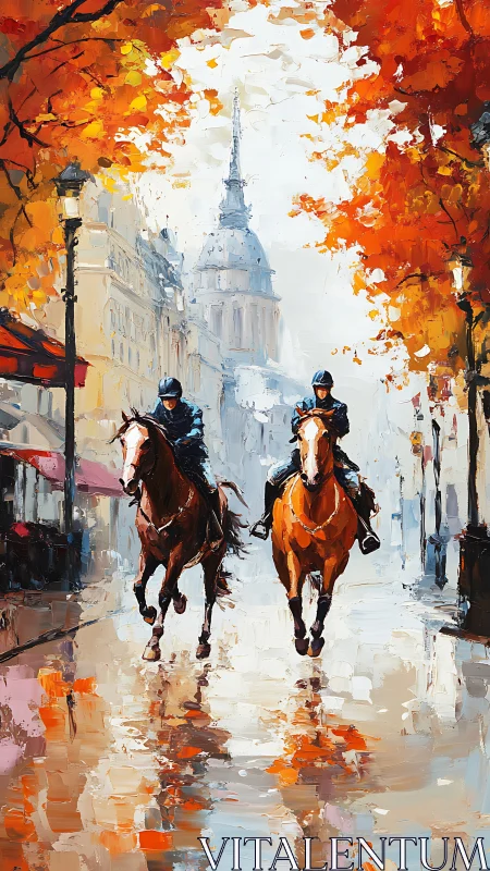Mounted officers ride through autumn city street rain.