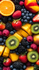 Mixed fresh fruits arranged in dense overhead composition
