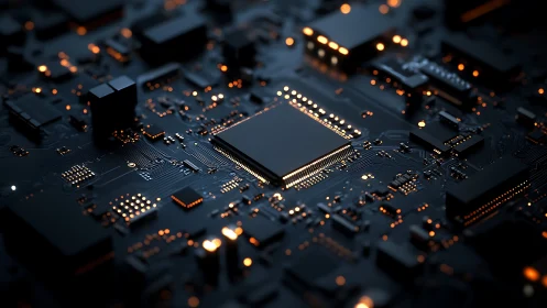 Warm glow of a modern microchip at the heart of a board.