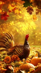 Proud autumn turkey strutting through a glowing pumpkin grove.