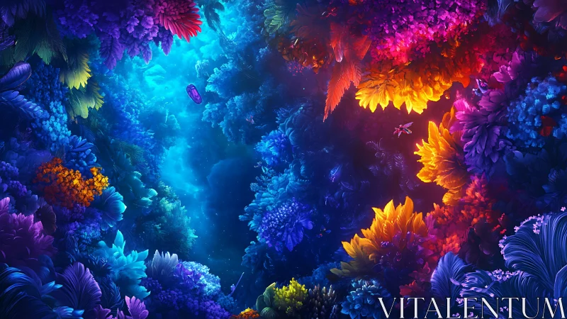 Rainbow coral dreamscape embracing a glowing ocean path.